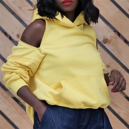 Fashion Sexy Backless Women Hoodie Plus Size Sweatshirt Off Shoulder Design Solid Black Hoodies Yellow Loose Pocket Zipper 201202