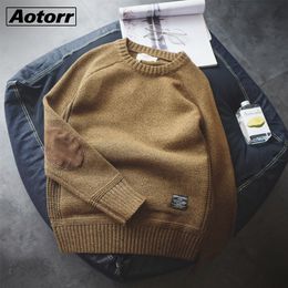 Pullover Mens College Style Patch Color Contrast and Thickened Round Neck Sweater Male Fashion Thick 100% Wool Sweater Knitwear 201124