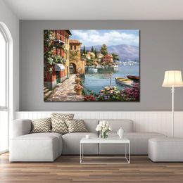 손으로 그린 현대 미술 캔버스에 이탈리아 풍경화 지중해 아치 작품 벽 장식을위한 성 김 호수 마을