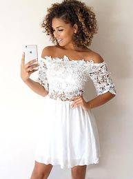 Setwell Off The Shoulder A-line Cocktail Dresses Half Sleeves Pleated Lace Appliques Short Mini Summer Prom Party Gowns