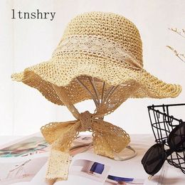 Summer Boater Hats For Women Straw Sun Hat Lady Girls Lace Ribbon Bow Panma Beach Hat Floppy Female Travel Folding Y200714