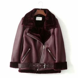 Winter Women's Leather Thick Lapels Long-sleeved Fur One Warm Jacket Fashion Casual Temperament Belt with Solid Colour Cotton Coat Female