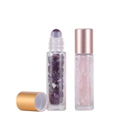 NEW Matt Rose Gold Cap Gemstone Essential Oil Bottles 10ml Refillable Roll-On Roller Container For Storage with Crystal Chips Ball