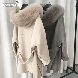 European Best Sold Cashmere Blended Coats Genuine Fur Hood Collar Plus Size Wool Coat for Women with Belt 201031