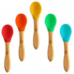 Baby Spoon Silicone Tableware Infant Auxiliary Dinnerware Boys Wooden Handle Kids Training Spoons Household Kitchen Accessories T9I001777