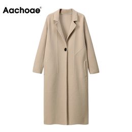 Aachoee elegante casaco de lã sólido fêmea batwing longo manga solta grossa casacos quentes senhora botão único coreano mulheres outerwear 210204