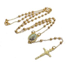 Small Copper Beads Gold Cross Rosary Necklace Long Religious Jewelry