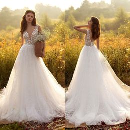 New Fashion Bohemian A Line Wedding Dresses Deep V Neck Lace Appliques Beads Bridal Gowns Custom Sexy Backless Sweep Train Wedding Dress