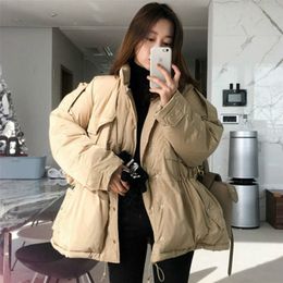 Korea Women Winter Thick Solid Cotton Parka Drawstring Slim Waist Overcoat Oversize Coat Jacket Zipper Outerwear with Pocket 201217