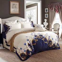 US King Queen size Chic Embroidered White Blue Luxury Bedding set 60S Egyptian Cotton bed sheet set Duvet cover Pillowcase 201120