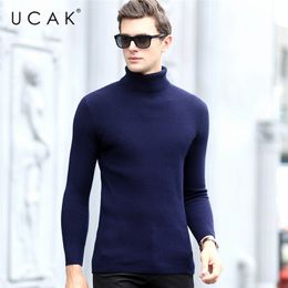Solid Colour Striped Elastic Turtleneck Sweater Men Clothes UCAK Brand Winter Classic Cotton Streetwear Pullover Pull Homme U1021 201203