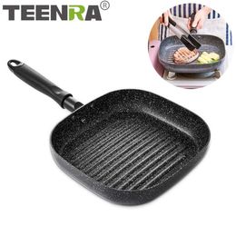 TEENRA 9in Aluminum Non-stick Square Grill Pan Steak Fry Pans Multi-function Snowflake Striped Frying Pan 201223