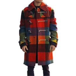 Man Splicing Wool Blends Coats Fashion Trend Grid Long Sleeve Button Outerwears Clothing Designer Male Winter Casual Slim Lapel Length Coat