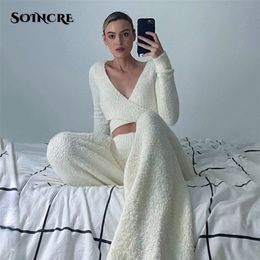 Fashion Fleece Fuzzy Cosy 2 Piece Pant Sets Women sexy Cross Tie Up Long Sleeve Crop Top and Pants Winter Clothes Loungewear 220315