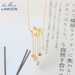 LAMOON 925 Sterling Silver NecklaceStar Tassel Shooting Star Gemstone Pendant 14K Gold Plated Fine Jewellery For Women LMNI098 Q0531