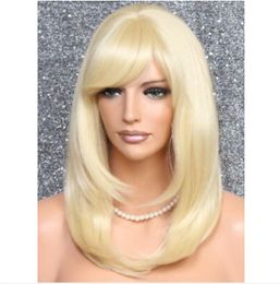 Straight real hair mixed Heat OK full wig with bangs pale blonde