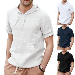 Mens Hooded Tshirt Summer Linen Shirts Pullover Hoodie Casual Lightweight Short Sleeve T Shirts Tops Men Haruku Camiseta