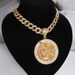 Hip Hop Big Round Jigsaw Thunder Cat Pendant With 15mm 18" Full Iced Out Miami Cuban Choker Chain Men Necklace Jewellery Gift MX190730