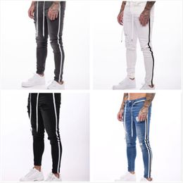 Mens New Ripped Jeans Fashion Trend High Street Striped Demin Pencil Pants Designer Spring Autumn Male Drawstring Casual Jeans