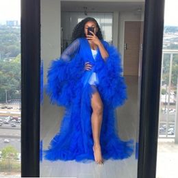 Blue Illusion Ruffles Tulle Long Sleeve Women Winter Sexy Kimono Pregnant Party Sleepwear Women Bathrobe Sheer Nightgown Robe Shawl