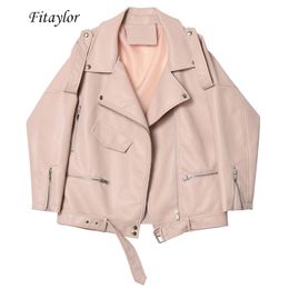 Fitaylor Autumn Women Faux Soft Leather Loose Jacket Coat Turndown Collar Zipper Pu Motorcycle Overcoat Female Rivet Punk Jacket 201124