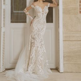 2021 New Wedding Dresses Long Sleeves Lace Appliques Beads Mermaid Bridal Gowns Custom Made Sweep Train Beach Wedding Dress