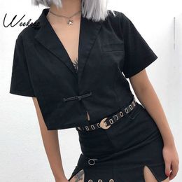 2020 Sexy Loose V-neck Chinese Style Single Button Jacket Women Black Cropped Summer Short Sleeve Jackets 2020 LJ200813
