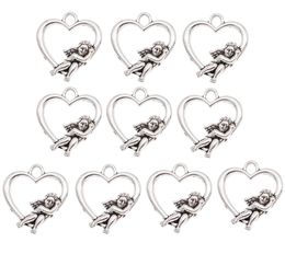 100Pcs alloy Angel Wings Cupid Love Heart Charms Antique silver Charms Pendant For necklace Jewellery Making findings 20x18mm