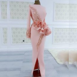 Allık pembe aso ebi gece elbiseler uzun kollu peplum boncuklar inci yan bölünmüş deniz kızı balo elbisesi African vestido de novia