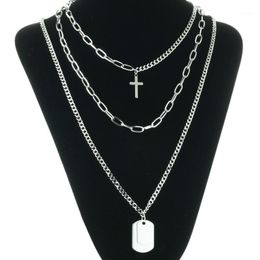 Cross Pendant Necklaces Layered Stainless Steel Necklace Square tag Neckless Style Chains Men Long punk1