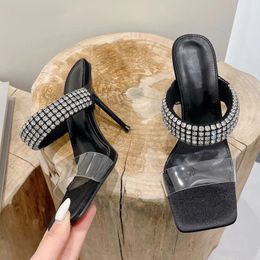 PVC Transparent Slippers Summer Fashion Design Slip On Square Toe High Heel Slides Black Women Mules Pumps