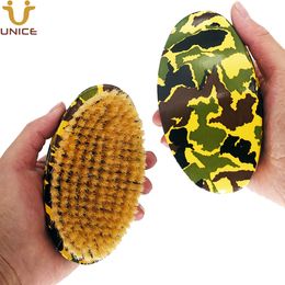 MOQ 100 Pcs OEM Customised LOGO Camouflage Curved Handle Hair Brush Premium Wave Brushes with Boar Bristle for Men Washing Groomming