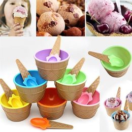 2Pcs/Set Cute Kids Baby Candy Color Ice Cream Bowls Cup Bowl Reusable Dessert Ices Creams Bowl with Spoon Children Tableware