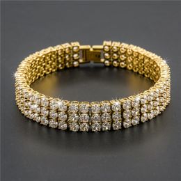 Europe and America Hotsale Hiphop Jewellery 21cm Stainless Steel Gold Plated 3 Rows Bling CZ Tennis Bracelet For Men