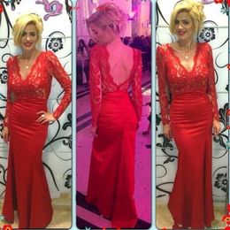 Red Mermaid Prom Dresses vestidos do baile de finalistas V Neck Lace Long Sleeves Evening Gowns Backless Cheap Party Dress P23