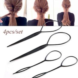 ponytail loop tool UK - Headpieces 4pcs Black Topsy Tail Hair Braid Ponytail Maker Styling Tools Ponytail Creator Plastic Loop