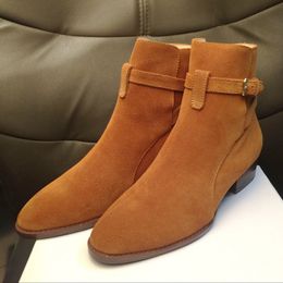 Hot Sale-High Top Suede Genuine Leather Harry wyatt charm Boots wedge slp fashion men classic black red brown ankle strap denim boots