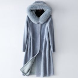 Winter Fox Collar Hooded Long Lady Wool Coat High Quality Fur Coat Women's Autumn 3xl Blue Red Keep Warm Sheep Cashmere Coat T200908
