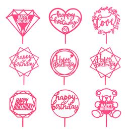 Glod Pink Acrylic Cake Desert Topper Happy Birthday Party Cake Insert Flags Decoration For Girls Baby Gifts Favour Party Supplies