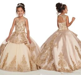 New Lovely Bling Ball Gown Flower Girls Dresses Jewel Gold Lace Appliques Beads Sleeveless Corset Back Birthday Child Girl Pageant Gowns