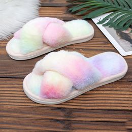 Winter Slippers Women House Soft Fur Fluffy Warm Bedroom Indoor Home Shoes Rainbow Tie Dye Cross Room Slippers Slides VT1589 Y1124
