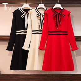 Trytree Summer Autumn Women Casual Ruffle Dress Elegant Bow Patchwork 3 Colour A-line Loose Fashion Office Lady Mini Dress T200620