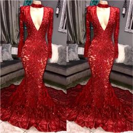 Royal Blue Red Gorgeous Bling Sequins Prom Dresses Mermaid Long Sleeves V Neck Evening Dress Women Elegant Party Gowns 0505