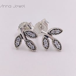 Hot designer jewelry Authentic 925 Sterling Silver Sparking Leaves with Cear Cz Stud Earring Pandora Earrings luxury women Valentine day birthday gift