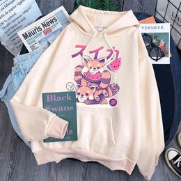 Watermelon Shiba Inu Print Hoodies Man Casual Pocket Loose Hooded Pullover Comfortable Vintage Hoody Anime Hip Hop Sweatshirts H1227