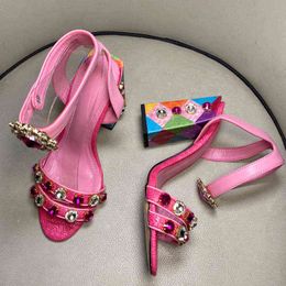 Sandali rosa ragazze gemma, tacchi alti e gioielli arcobaleno, scarpe da corridoio e cinturini alla caviglia, matrimonio, scarpe firmate estive