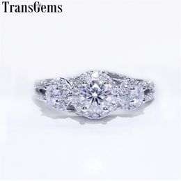 Transgems Halo Engagement Ring for Women 14K White Gold 3 Stone Ring F Color Center 5mm and 2Pcs 3mm Moissanite Diamond Y200620