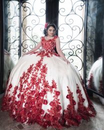 2021 Red And Ivory Sweet 16 Dresses Ball Gowns Prom Quinceanera Dress Floral Lace Beaded Crystal Hand Made Flowers Sweet 15 Dress Long