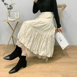 New Female Vintage Long Tulle Pleated Skirts Women Fashion Korean Beige White Autumn Winter High Waist Patchwork Midi Skirt Lady Y1214