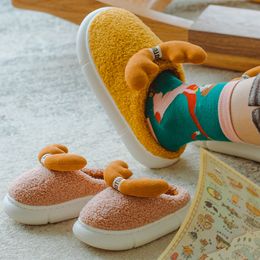 Cartoon Elk House Slipper Winter Antlers Thick Cotton Children Baby Parent Flat Shoes Plush Warm Non-slip Indoor Home Slippers Y1125